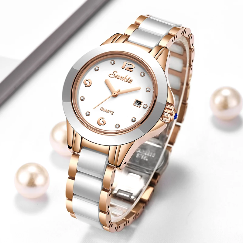 Luxury Ceramic Watch - ساعة Sunkta كاجوال كوارتز نسائية أنيقة